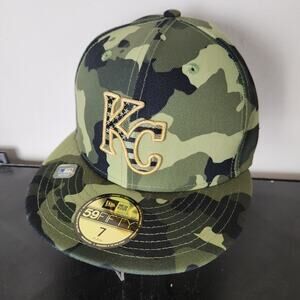 Kansas City Royals Green Camo Orange 59Fifty Fitted Hat Size 7 New Era NOS